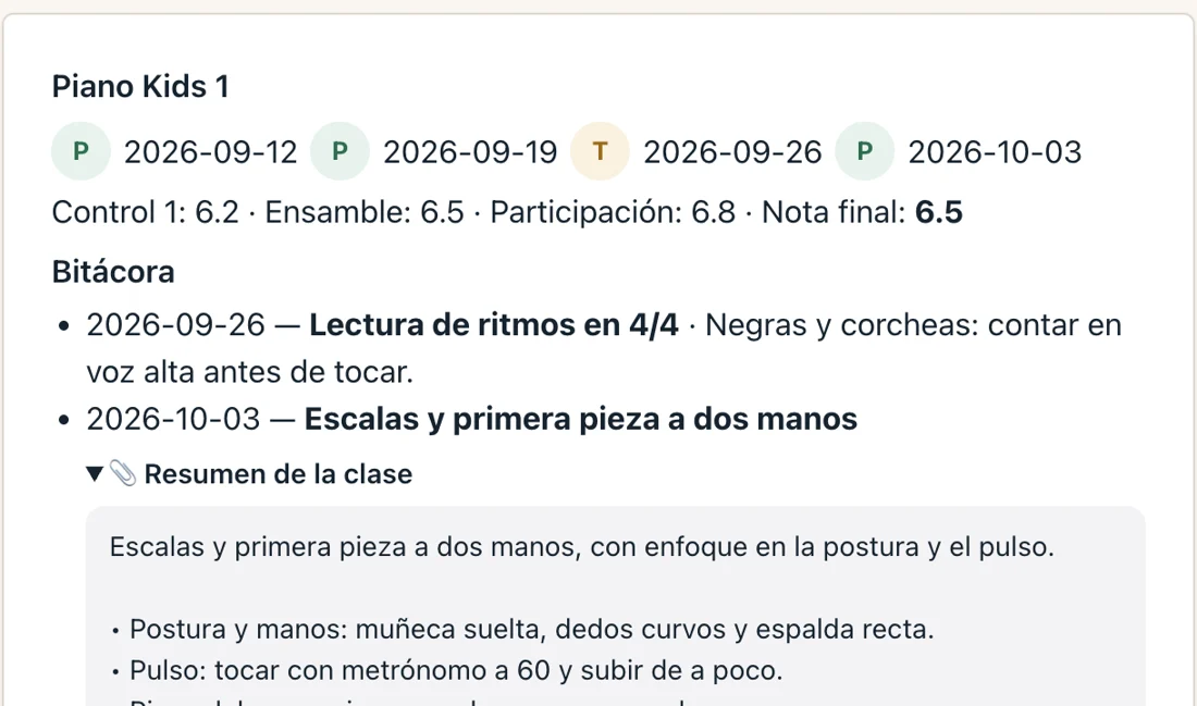 Asistencia, notas y bitácora de una clase, con su resumen adjunto