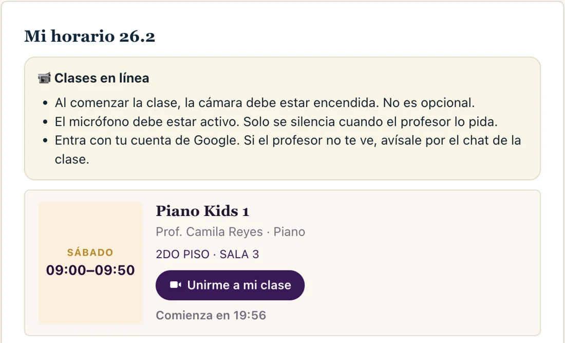 Mi horario con el botón «Unirme a mi clase» y el aviso de clases en línea